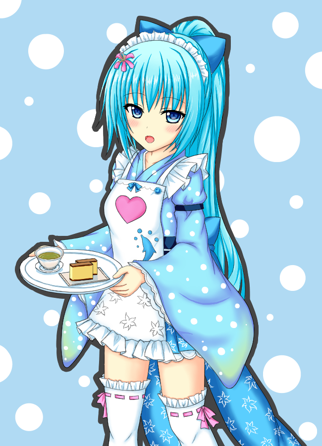 1girl, :o, apron, blue_bow, blue_eyes, blue_hair, blue_kimono, blush
