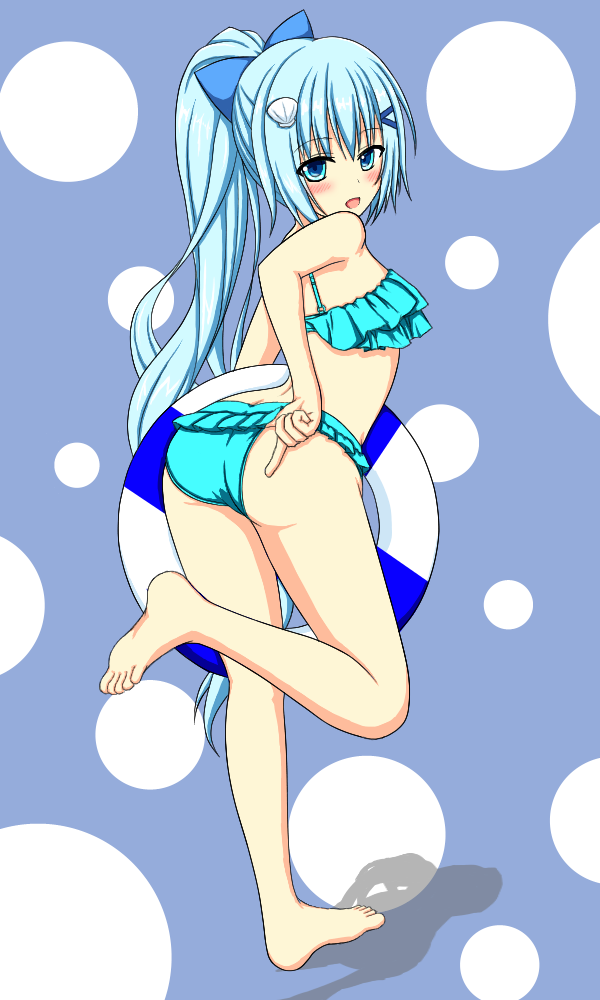 1girl, ass, bad_feet, barefoot, bikini, blue_background, blue_bikini, blue_bow, blue_eyes, blue_hair, blush, bow, flower_knight_girl, frilled_bikini, frills, hair_bow, hair_ornament, hairclip, innertube, long_hair, looking_at_viewer, looking_back, mun_(gunma), nerine_(flower_knight_girl), open_mouth, polka_dot, polka_dot_background, ponytail, seashell_hair_ornament, solo, standing, standing_on_one_leg, swimsuit