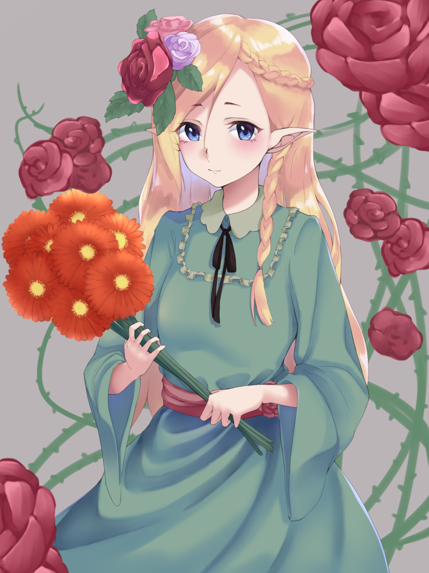 1girl, black_mutou, blonde_hair, blue_eyes, braid, dress, elf, flower
