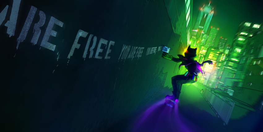 1girl, animal_hood, city, english, facing_away, fisheye_placebo, from_behind, gloves