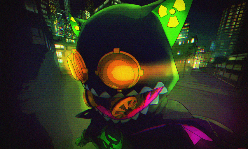 1girl, animal_hood, black_hair, city, fisheye_placebo, gas_mask, gloves, goggles