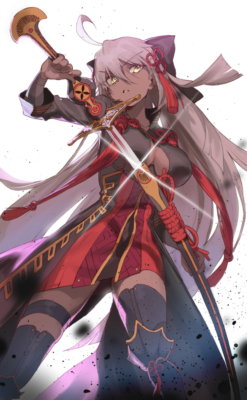 1girl, ahoge, arm_up, armored_boots, bangs, black_bow, black_coat, black_footwear