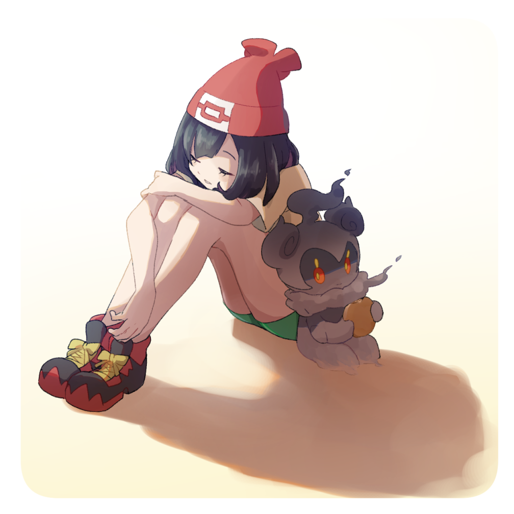 1girl, bangs, black_hair, blush, closed_eyes, green_shorts, happy, legendary_pokemon