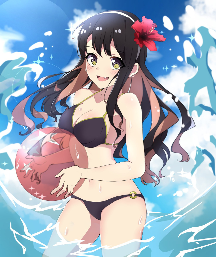 1girl, ball, beachball, bikini, bikini_day, black_hair, black_swimsuit, blush, breasts, clouds, cloudy_sky, flower, hair_flower, hair_ornament, highres, kagari_leroy, kantai_collection, long_hair, looking_at_viewer, medium_breasts, multicolored_hair, naganami_(kantai_collection), ocean, open_mouth, pink_hair, sky, solo, swimsuit, twitter_username, very_long_hair, yellow_eyes