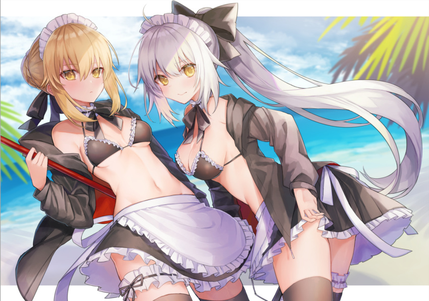 .com_(cu_105), 2girls, alternate_costume, alternate_hairstyle, apron, artoria_pendragon_(all), artoria_pendragon_(swimsuit_rider_alter), artoria_pendragon_(swimsuit_rider_alter)_(cosplay)