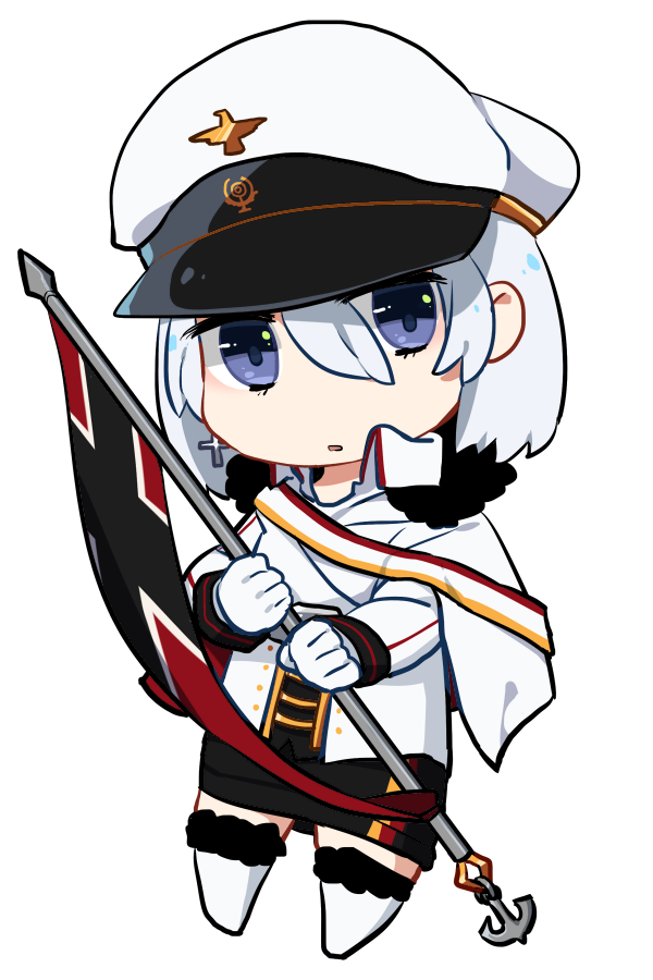 1girl, azur_lane, blue_eyes, capelet, chibi, flag, fur_trim, gloves