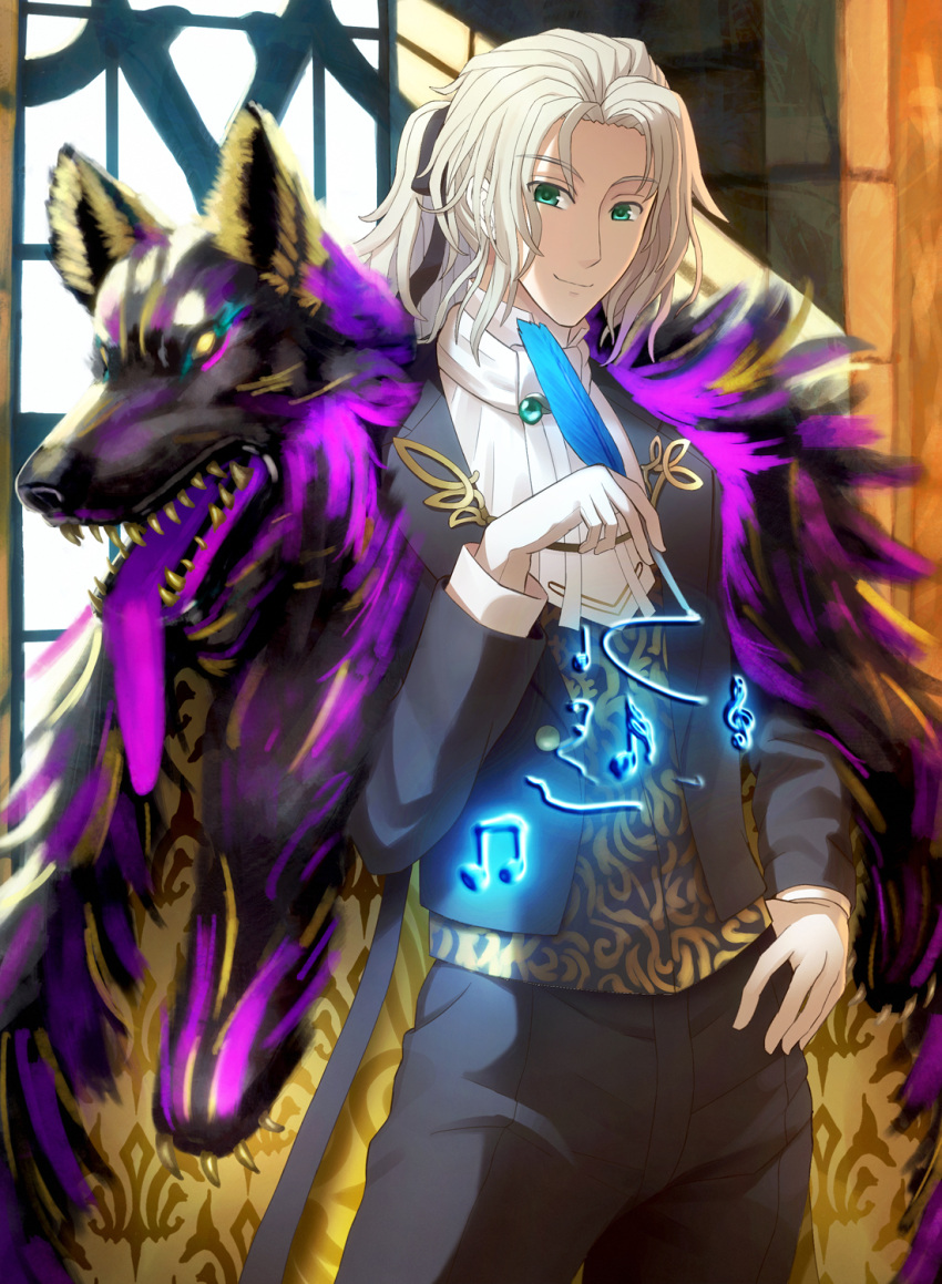 1boy, black_jacket, black_pants, black_ribbon, blue_feather, brooch, claws, closed_mouth