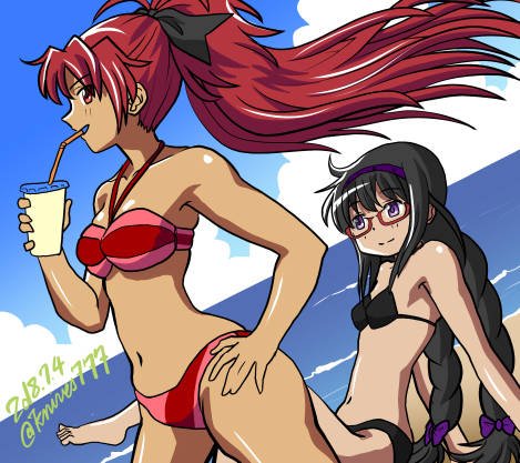2018, 2girls, akemi_homura, alternate_costume, arm_support, beach, bendy_straw, bikini
