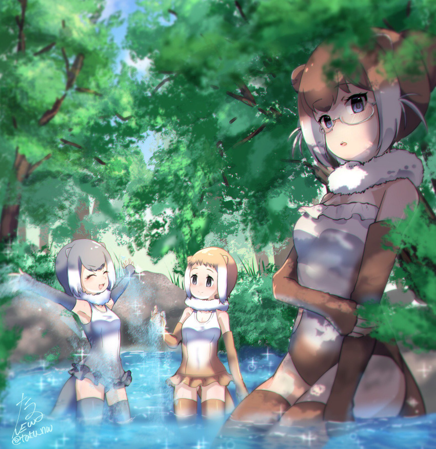 3girls, animal_ears, blush, brown_hair, elbow_gloves, eurasian_otter_(kemono_friends), eyebrows_visible_through_hair, fingerless_gloves