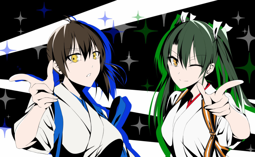 2girls, batabata0015, brown_hair, green_hair, hair_ribbon, highres, japanese_clothes, kaga_(kantai_collection)