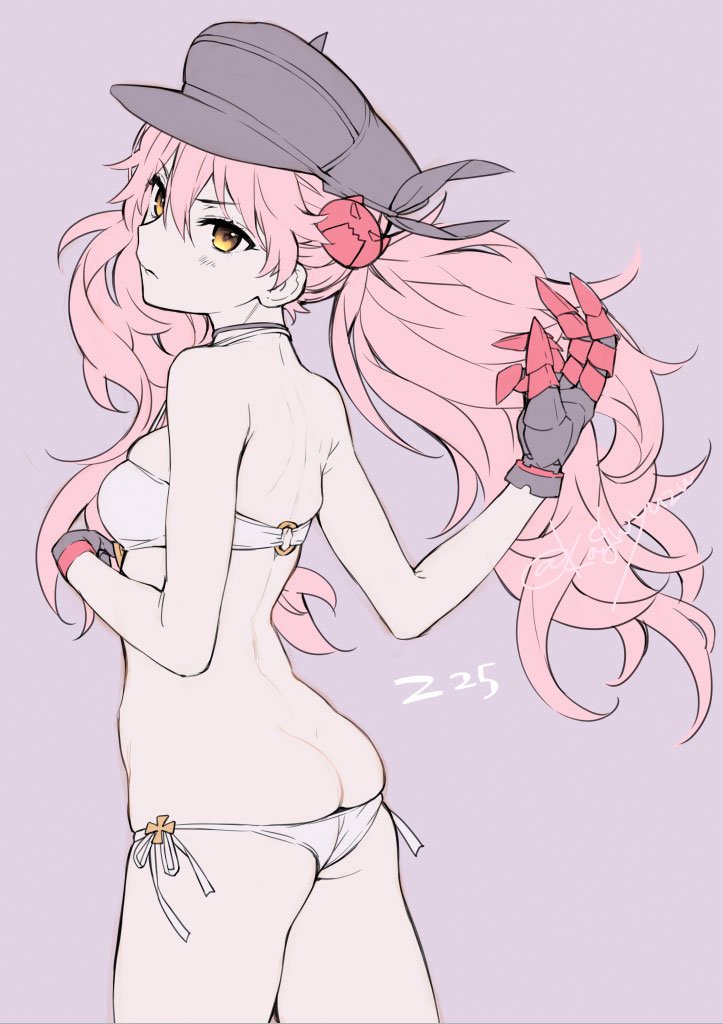 1girl, alternate_costume, ass, azur_lane, back, bare_shoulders, bikini, black_gloves