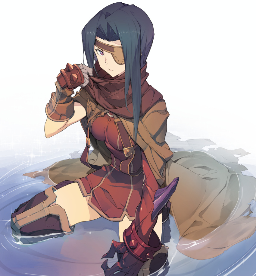 1girl, bangs, black_hair, boots, brown_cape, closed_mouth, dress, expressionless, gloves, highres, kanon_(wild_arms_2), kneeling, looking_at_viewer, miniskirt, parted_bangs, red_dress, scarf, short_hair, simple_background, skirt, solo, tarariko, thigh-highs, thigh_boots, violet_eyes, white_background, wild_arms, wild_arms_2, zettai_ryouiki
