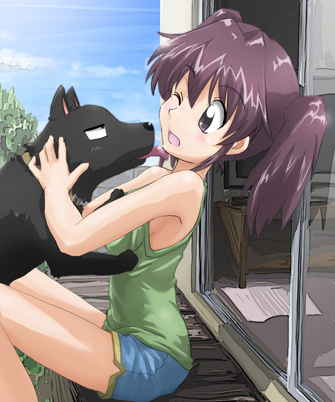 breasts, dog, licking, purple_eyes, purple_hair, red_hair, redhead, shorts, sketchbook_full_colors, tanada-bon, tank_top, twintails, violet_eyes
