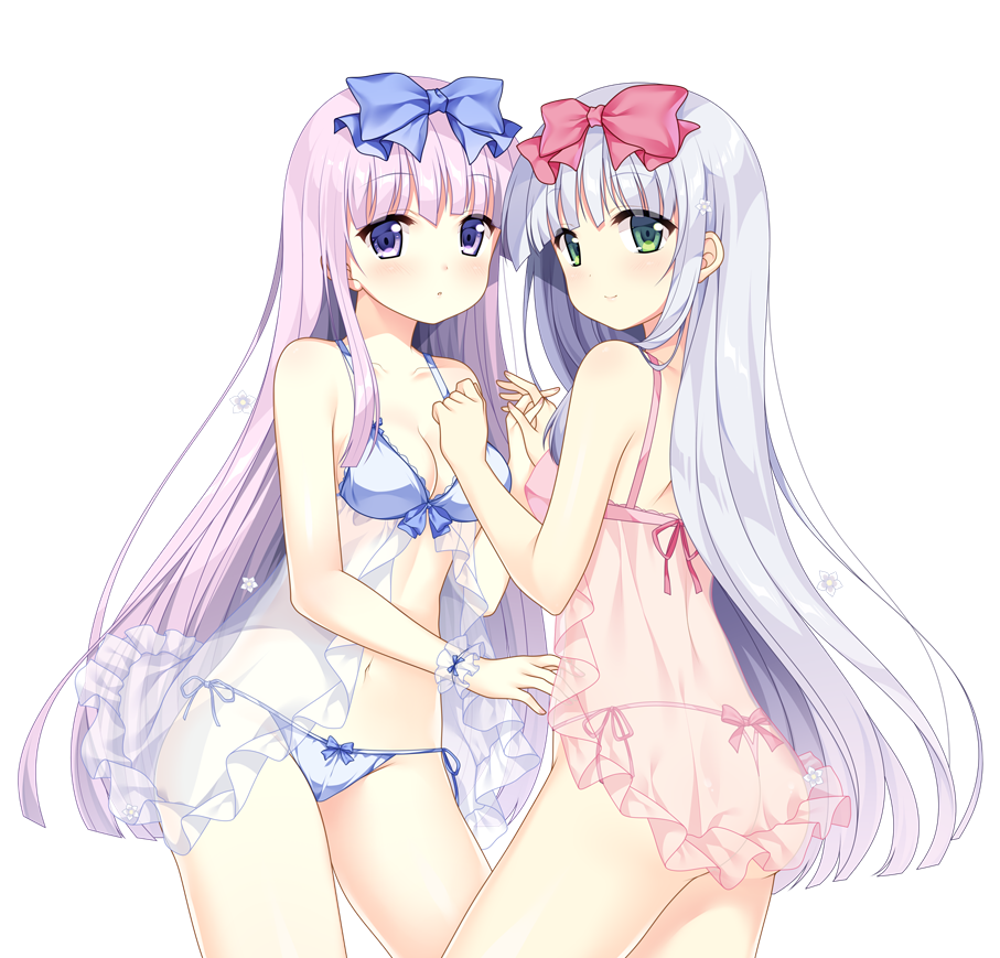 2girls, :o, airi_(alice_or_alice), alice_or_alice, ass, babydoll, back, bangs