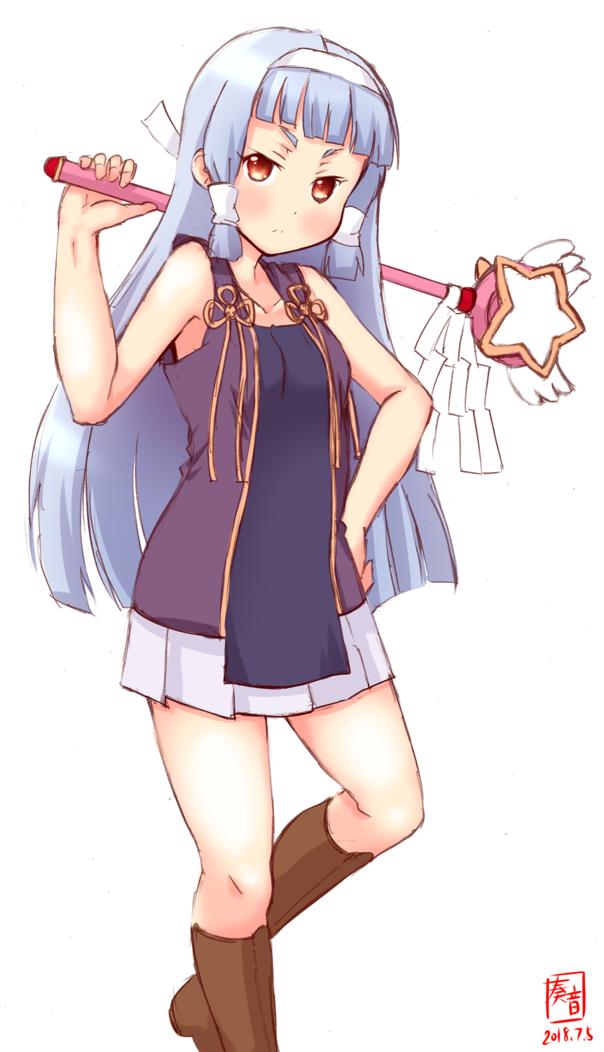 1girl, alternate_costume, artist_logo, bangs, blunt_bangs, boots, brown_footwear, commentary_request