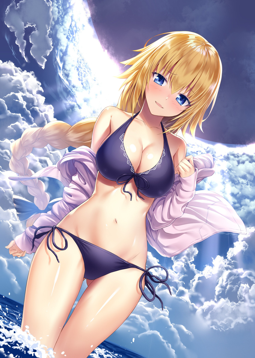 1girl, :d, absurdres, bangs, bare_shoulders, bikini, black_bikini, blonde_hair