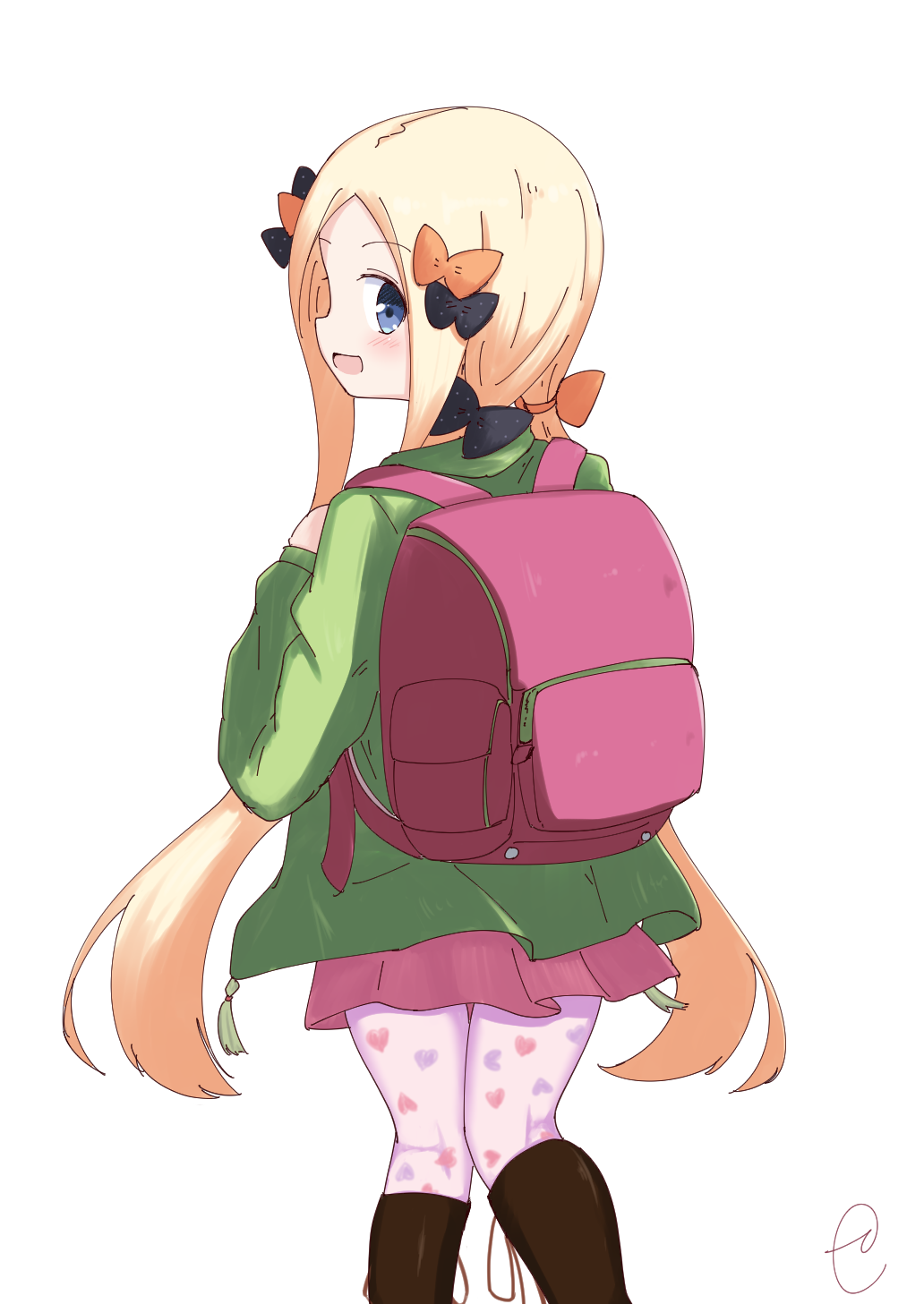 1girl, :d, abigail_williams_(fate/grand_order), alternate_costume, backpack, bag, bangs, black_bow