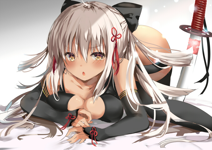 1girl, ahoge, arm_guards, bangs, bare_shoulders, black_bow, black_legwear, blush