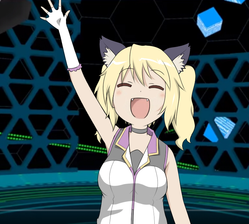 1girl, :d, ^_^, akkari~n, animal_ears, arm_up, blonde_hair, breasts