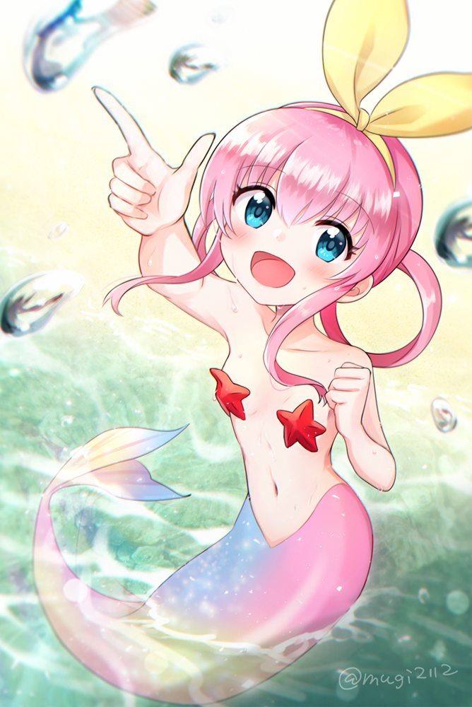 1girl, :d, arm_up, bangs, bare_arms, bare_shoulders, beach, blue_eyes