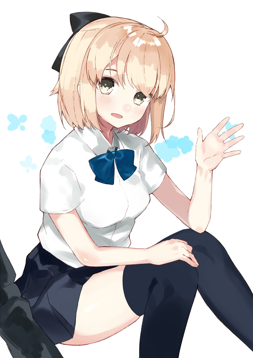 1girl, :d, ahoge, bangs, black_bow, black_legwear, black_skirt, blonde_hair