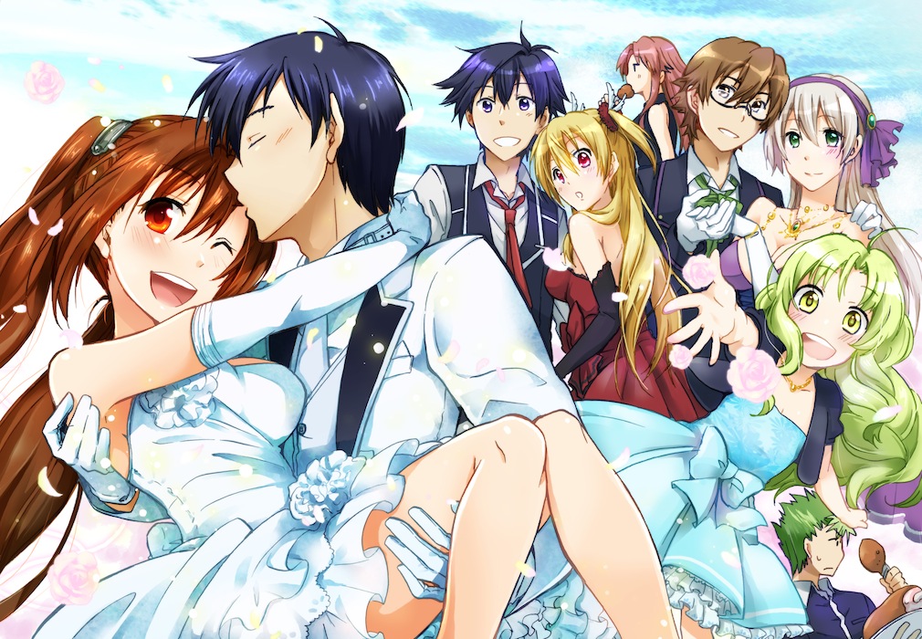 4boys, 5girls, alisa_reinford, ao_no_kiseki, arms_around_neck, bittsu_(v1tz), black_hair, blue_dress