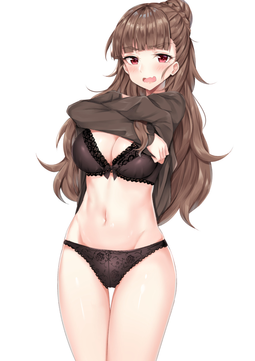 1girl, bangs, black_bra, black_panties, blunt_bangs, blush, bra, braid