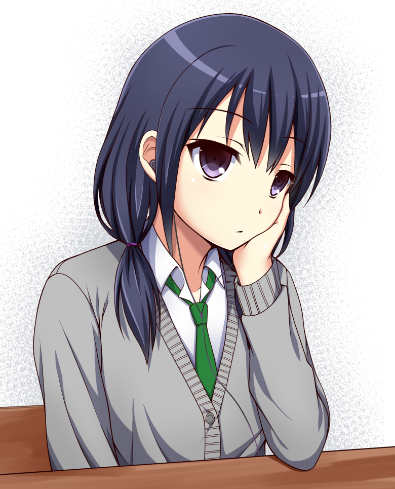 1girl, arm_support, bangs, black_hair, cardigan, closed_mouth, collared_shirt, earphones