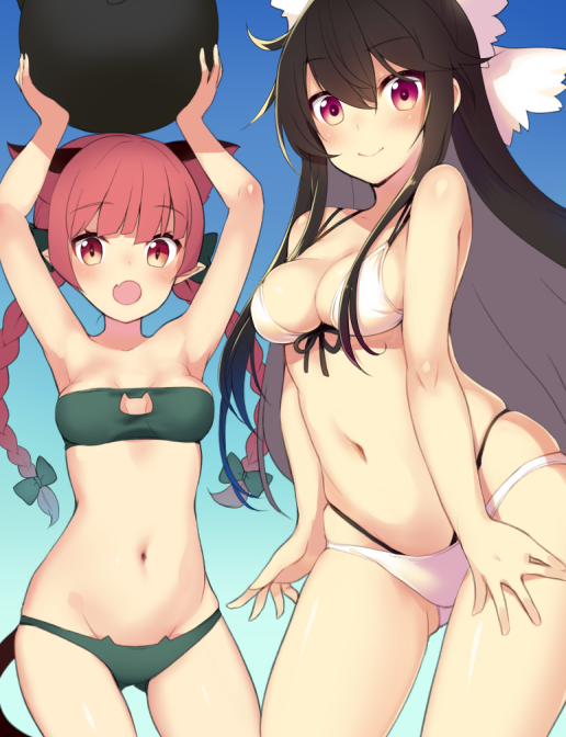 2girls, :o, animal_ears, arms_up, bikini, black_hair, braid, breasts