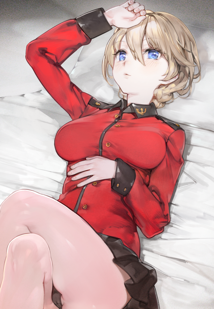 1girl, aos, arm_up, black_panties, blue_eyes, braid, breasts, darjeeling