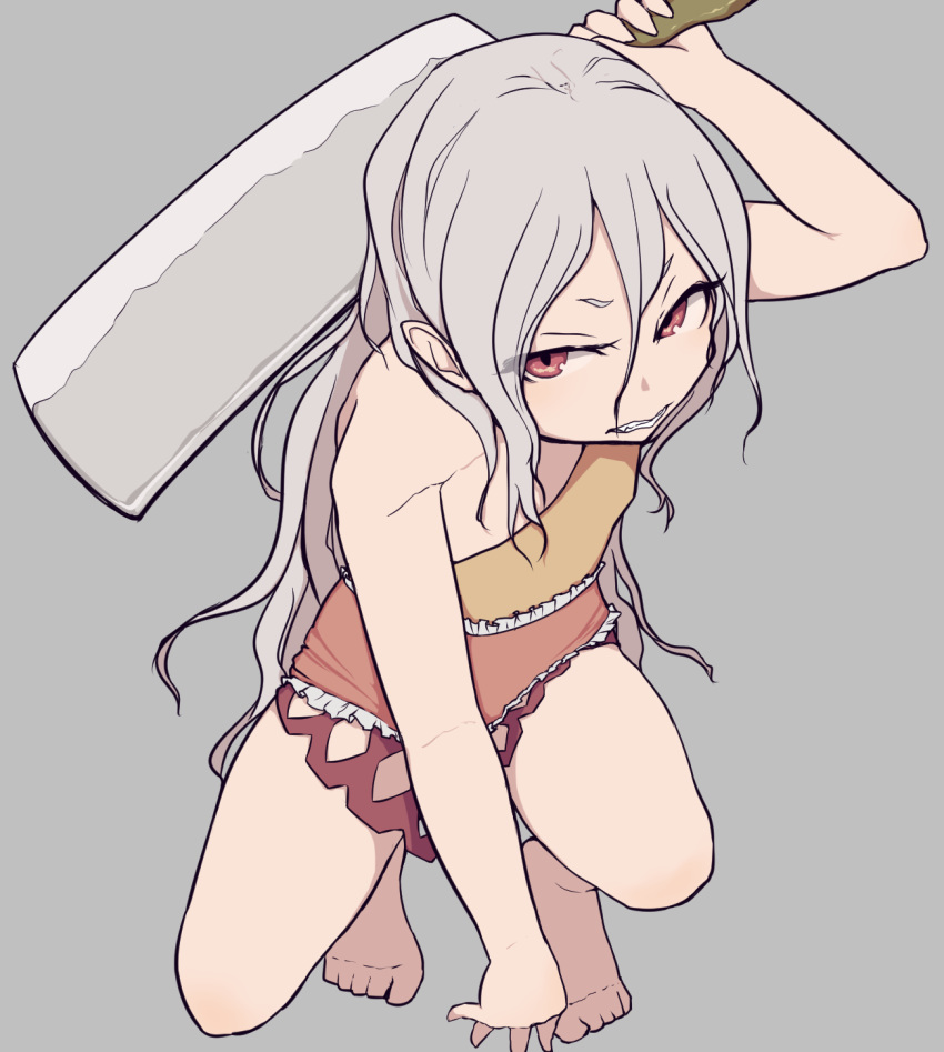 1girl, bangs, bare_shoulders, barefoot, clenched_teeth, convenient_arm, dress, eyes_visible_through_hair