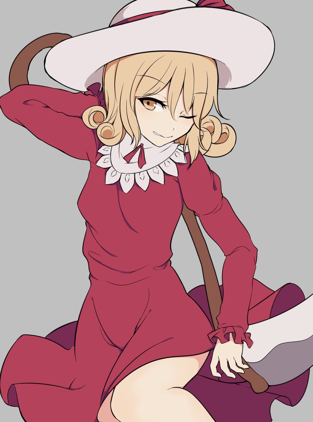 1girl, arm_behind_head, bangs, blonde_hair, breasts, cowboy_shot, curly_hair, dress