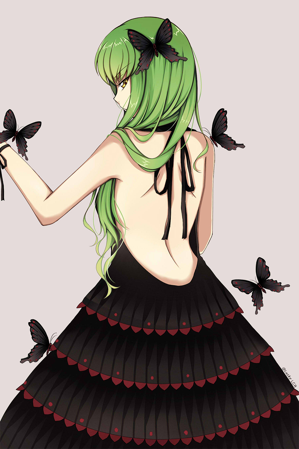 1girl, backless_dress, backless_outfit, bangs, black_butterfly, black_dress, black_ribbon, butterfly_hair_ornament