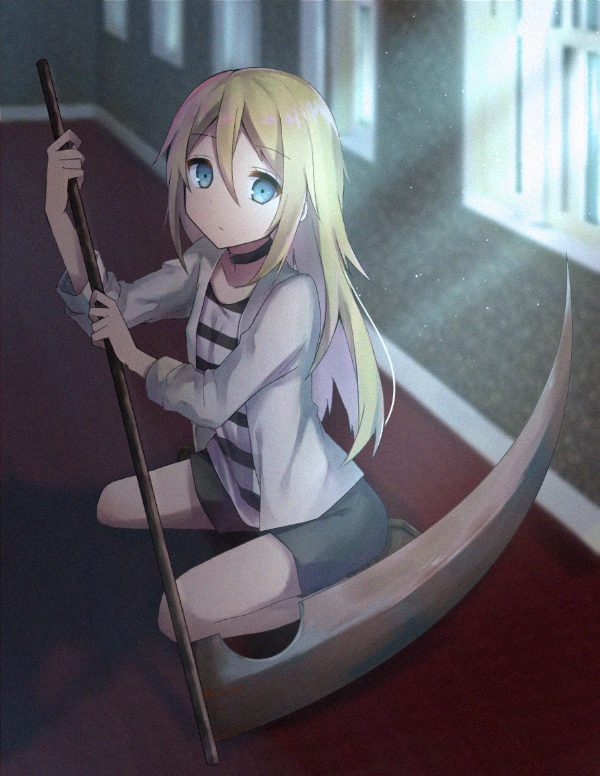 1girl, black_shorts, blonde_hair, blue_eyes, choker, collarbone, dust_particles, eyebrows_visible_through_hair