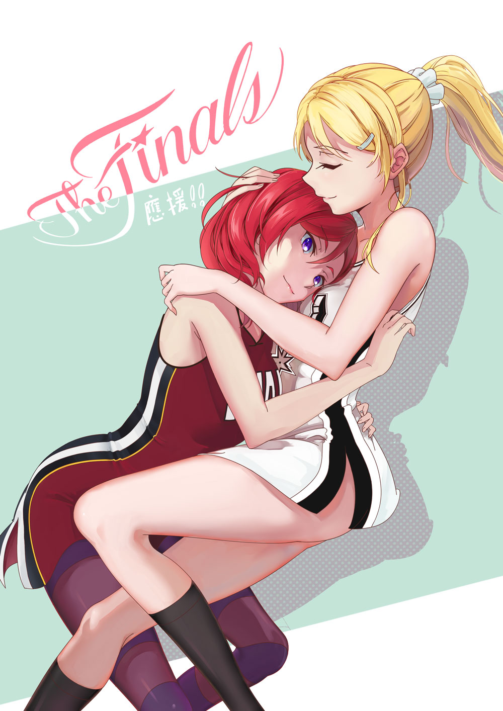 2girls, ayase_eli, bangs, black_legwear, blonde_hair, brown_legwear, cheerleader, closed_eyes, dress, floating_hair, hair_between_eyes, hair_ornament, hair_scrunchie, hairclip, hand_on_another's_head, highres, hug, long_hair, love_live!, love_live!_school_idol_project, miami_heat, multiple_girls, national_basketball_association, nishikino_maki, pantyhose, ponytail, red_dress, redhead, san_antonio_spurs, scrunchie, shijie_jianfa, short_dress, sleeveless, sleeveless_dress, smile, swept_bangs, violet_eyes, white_dress, white_scrunchie, yuri