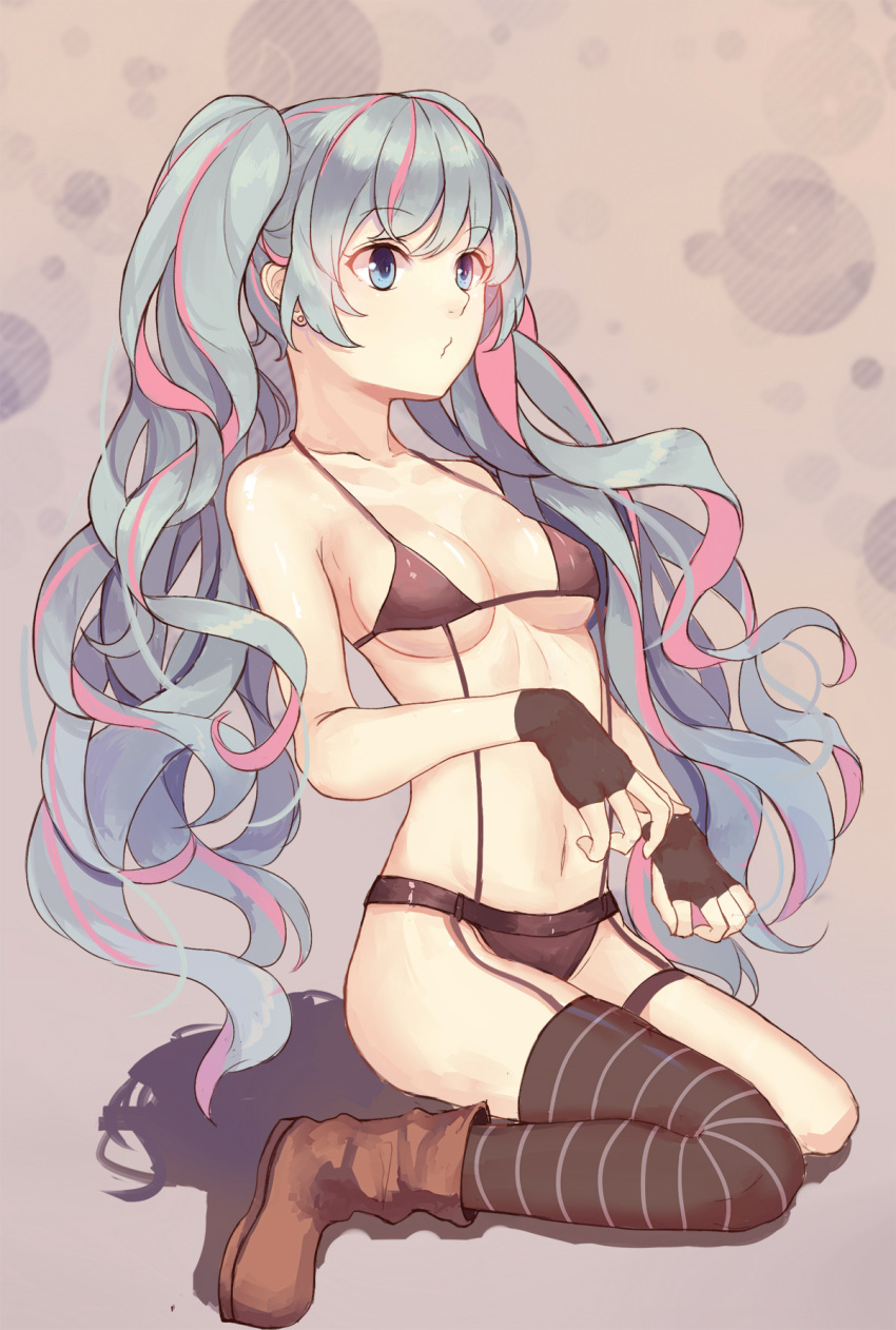 1girl, asymmetrical_legwear, black_bra, black_gloves, black_legwear, black_panties, blue_eyes, blue_hair