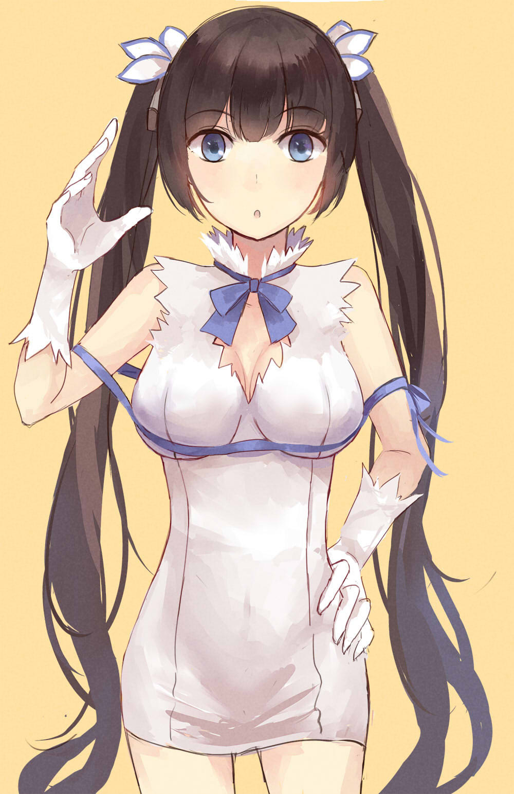 1girl, bangs, black_hair, blue_eyes, blue_ribbon, blunt_bangs, breasts, cleavage