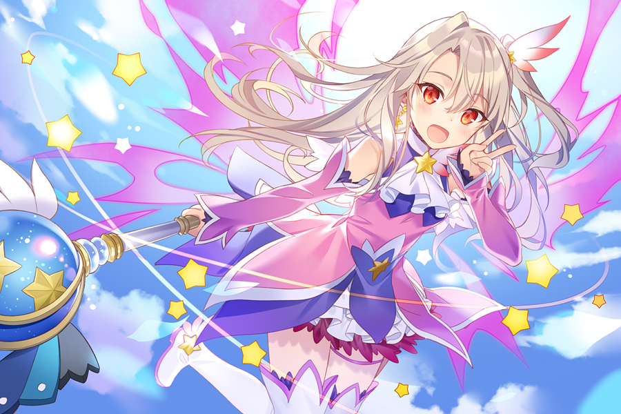 1girl, :d, blonde_hair, blue_sky, boots, clouds, commentary_request, detached_sleeves, dress, earrings, energy_wings, eyebrows_visible_through_hair, fate/kaleid_liner_prisma_illya, fate/stay_night, fate_(series), flying, hair_between_eyes, hair_ornament, illyasviel_von_einzbern, jewelry, long_hair, looking_at_viewer, magical_girl, multicolored, multicolored_clothes, multicolored_dress, one_side_up, open_mouth, prisma_illya_(zwei_form), red_eyes, rie_(reverie), sky, smile, solo, star, star_earrings, thigh-highs, thigh_boots, v, wand, white_footwear