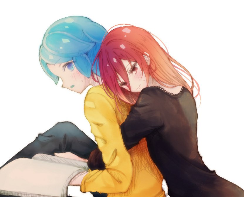 2others, alternate_costume, androgynous, aqua_eyes, aqua_hair, blue_eyes, blue_hair, blush, book, casual, houseki_no_kuni, hug, hug_from_behind, humanization, long_hair, looking_away, meguritekuruhi, multiple_others, phosphophyllite, reading, red_eyes, redhead, shinsha_(houseki_no_kuni), short_hair, shy, sitting, white_background