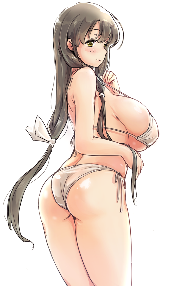 1girl, ass, bikini, black_hair, blush, breasts, brown_eyes, hair_ribbon, huge_breasts, iwato_kasumi, long_hair, looking_at_viewer, low_ponytail, momoiro_tunozemi, ribbon, saki, side-tie_bikini, sidelocks, simple_background, smile, solo, swimsuit, white_background, white_bikini