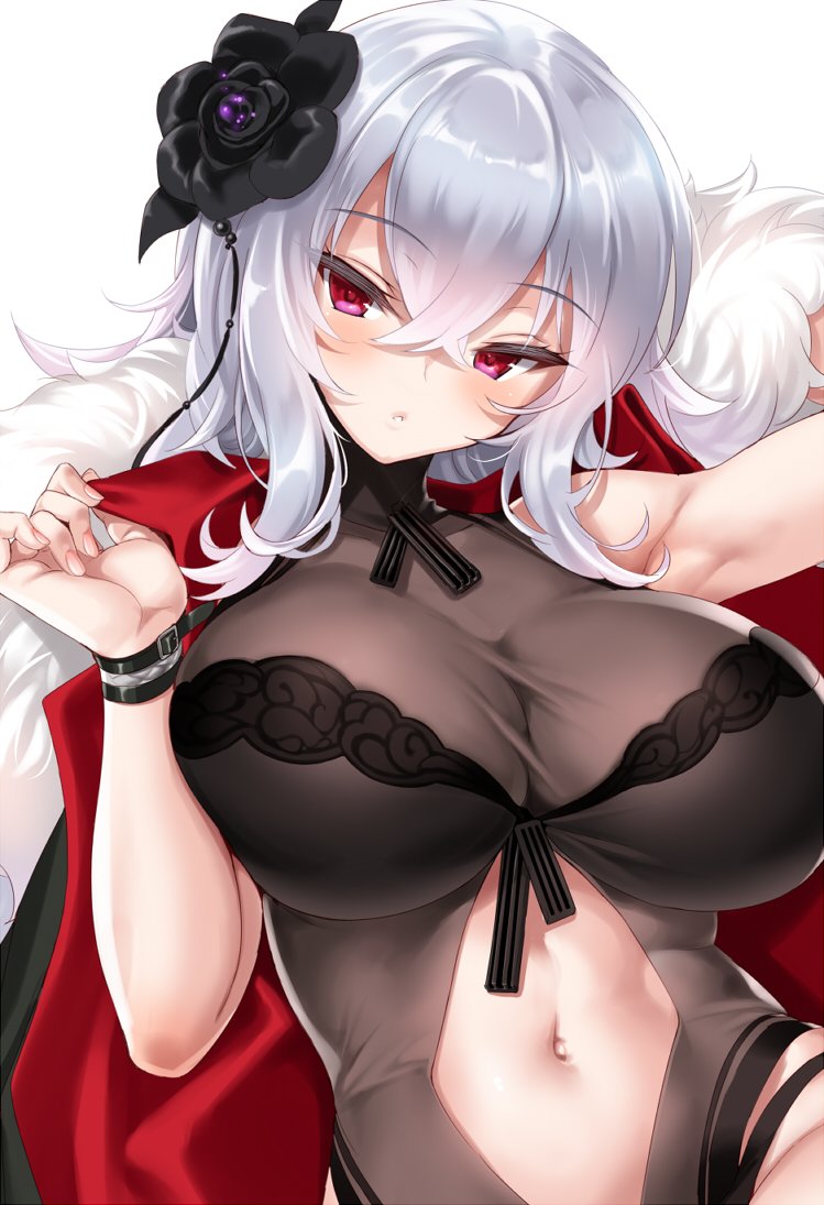 1girl, alternate_costume, azur_lane, bangs, belly, black_flower, black_swimsuit, bracelet