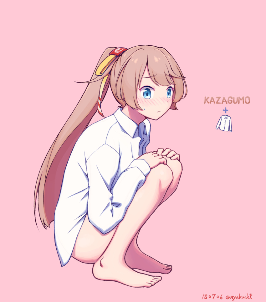 1girl, barefoot, blue_eyes, blush, brown_hair, character_name, dated, dress_shirt