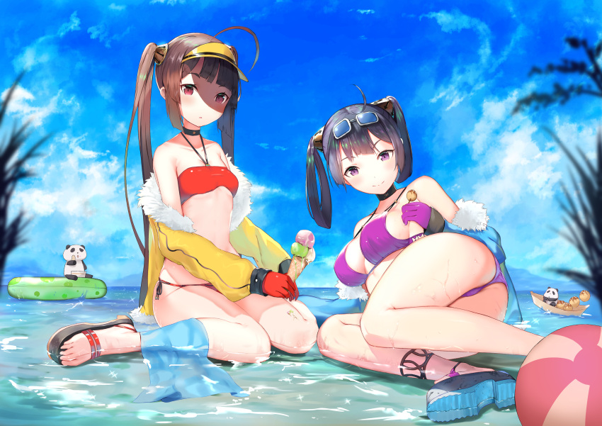 2girls, :o, ahoge, animal, ass, azur_lane, ball, bangs, bare_shoulders, beachball, bikini, black_choker, black_hair, blue_jacket, blue_sky, breasts, brown_hair, candy, choker, closed_mouth, clouds, collarbone, day, eyewear_on_head, food, from_behind, full_body, fur-trimmed_jacket, fur_trim, gloves, groin, hair_rings, hairband, halter_top, halterneck, highres, holding, holding_food, ice_cream, ice_cream_cone, innertube, isaka_wasabi, jacket, legs, long_hair, long_sleeves, looking_at_viewer, lying, lying_on_water, medium_breasts, multiple_girls, ning_hai_(azur_lane), ocean, on_side, open_clothes, open_jacket, open_mouth, outdoors, panda, partially_submerged, ping_hai_(azur_lane), purple_bikini, purple_gloves, red_bikini, red_eyes, red_gloves, sandals, sitting, sky, small_breasts, smile, sunglasses, swimsuit, thighs, toes, triple_scoop, twintails, very_long_hair, violet_eyes, wariza, water, yellow_jacket