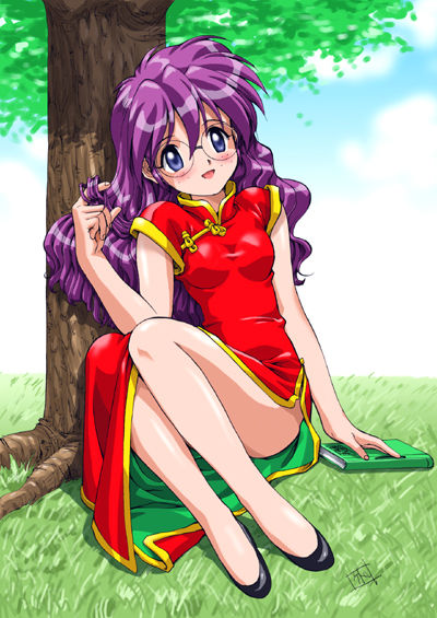 blush, book, china_dress, chinadress, chinese_clothes, glasses, long_hair, purple_hair