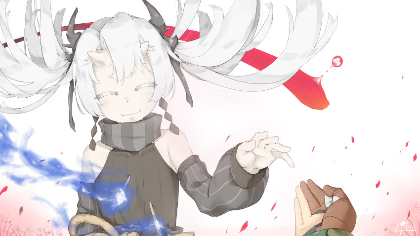 abyssal_crane_hime, arrow_in_body, detached_sleeves, gloves, hair_between_eyes, highres, horns, japanese_clothes