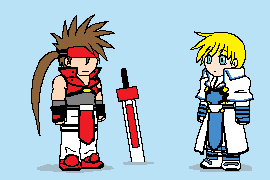 2boys, animated, animated_gif, blonde_hair, blue_eyes, brown_hair, chibi, gif, guilty_gear, imitating, ky_kiske, lowres, male, multiple_boys, musical_note, sol_badguy, sweatdrop, sword, tabard, weapon