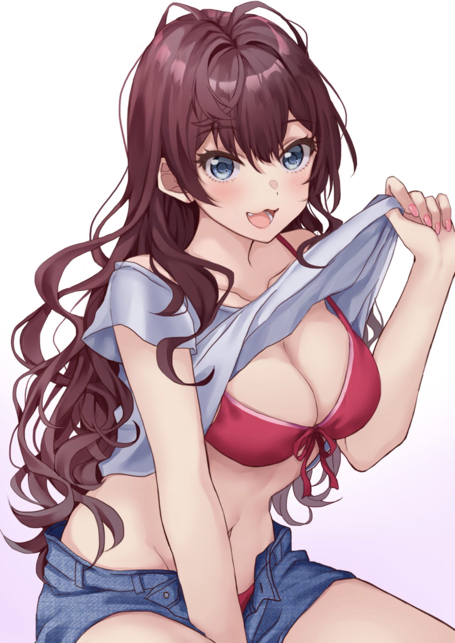 1girl, :3, ahoge, bangs, blue_eyes, blush, bra, breasts