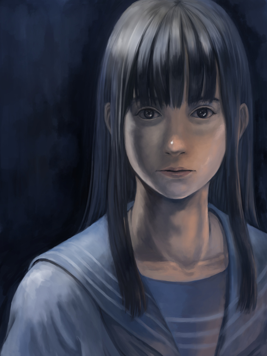 1girl, bangs, black_eyes, black_hair, blunt_bangs, collarbone, highres, long_hair, looking_at_viewer, original, realistic, school_uniform, serafuku, sidelocks, solo, takuma_takeda, upper_body
