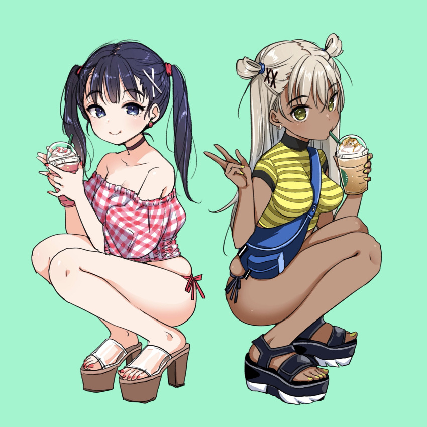2girls, bangs, bare_shoulders, between_breasts, bikini, black_bikini_bottom, black_hair, blue_eyes