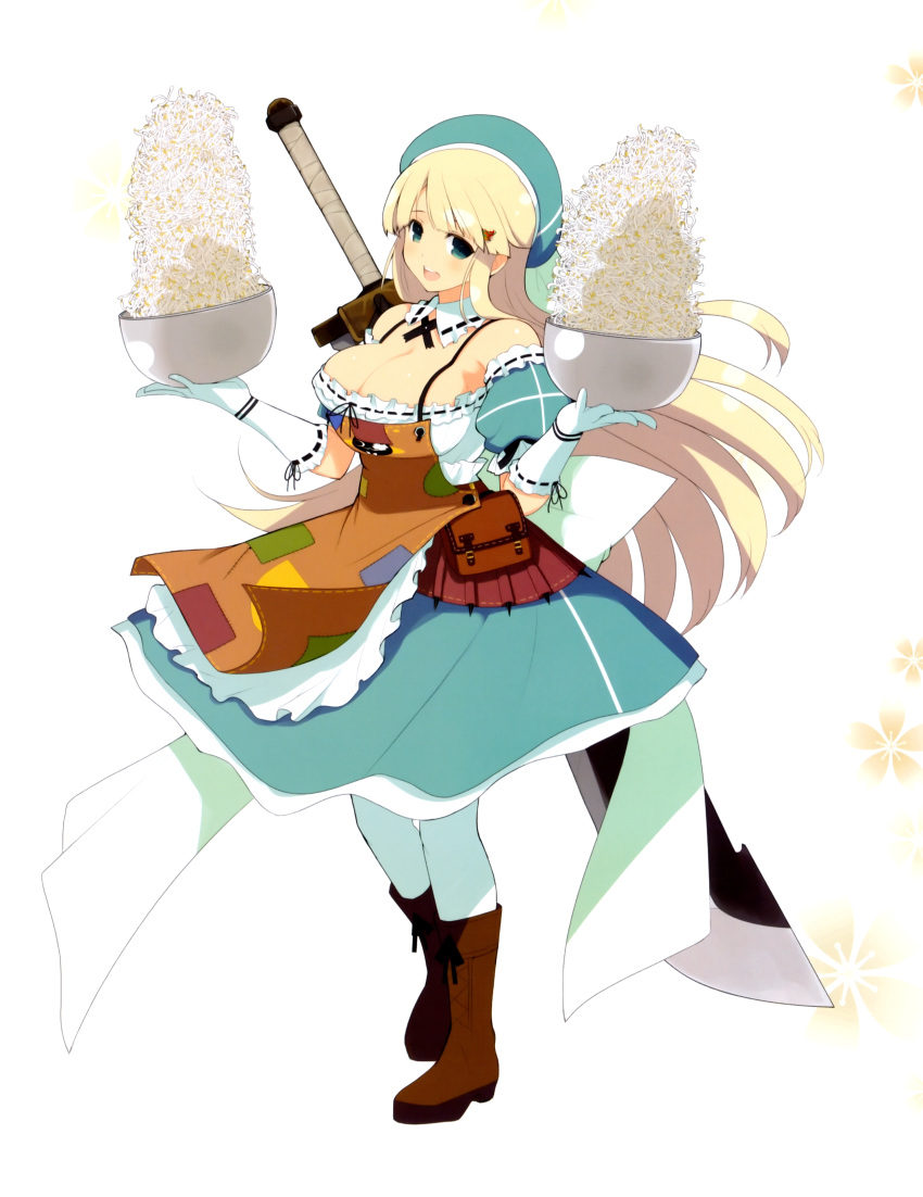 1girl, absurdres, apron, aqua_eyes, bangs, bean_sprout, beret, blonde_hair, blush, bow, bowl, bowtie, breasts, brown_footwear, collar, dress, flat_bangs, floral_background, frilled_collar, frilled_dress, frilled_gloves, frills, full_body, gloves, green_dress, hair_ornament, hairpin, hat, highres, holding, holding_bowl, huge_weapon, large_breasts, long_hair, looking_at_viewer, official_art, puffy_sleeves, ribbon-trimmed_gloves, ribbon_trim, scan, senran_kagura, senran_kagura_shoujo-tachi_no_shin'ei, sideboob, simple_background, smile, solo, strapless, strapless_dress, sword, thigh-highs, weapon, weapon_on_back, white_gloves, white_legwear, yaegashi_nan, yomi_(senran_kagura)